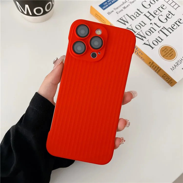 For iPhone 15 Pro Max Shockproof Case Corrugated Design Frameless PC Phone Cover with Lens Film