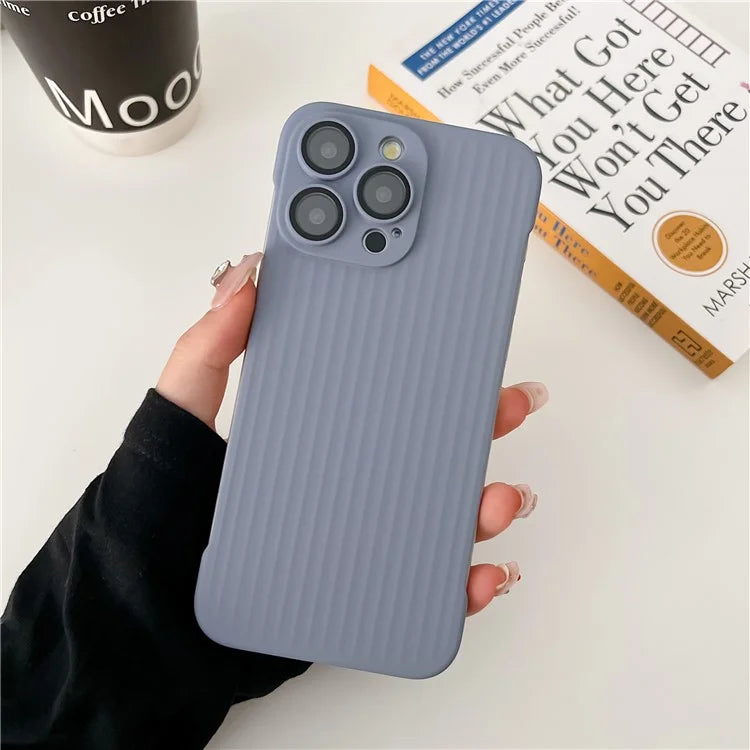 For iPhone 15 Pro Max Shockproof Case Corrugated Design Frameless PC Phone Cover with Lens Film