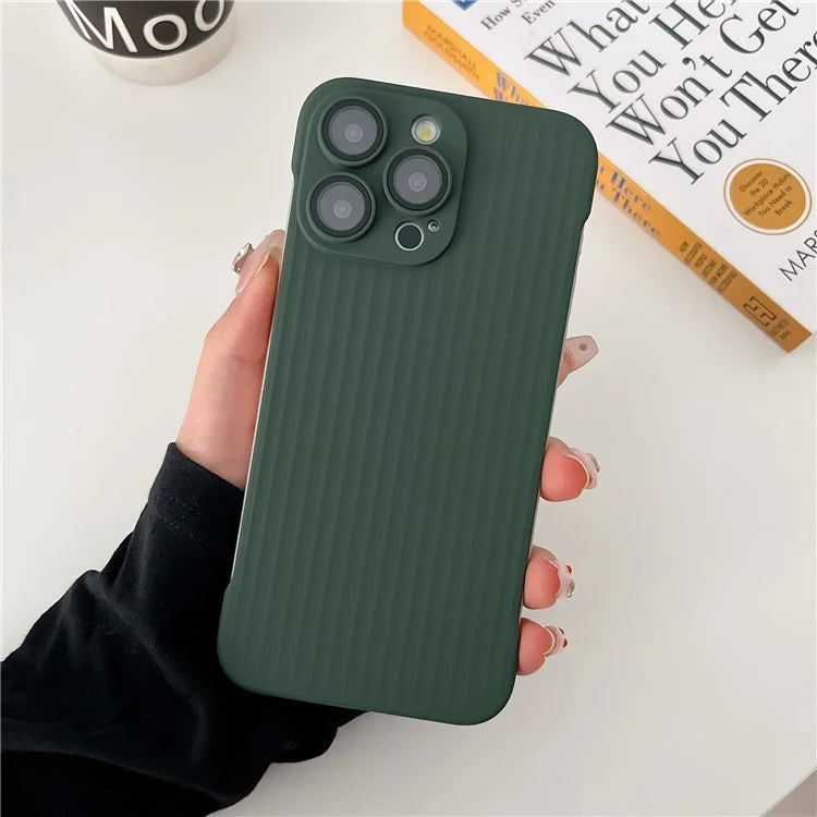 For iPhone 15 Pro Max Shockproof Case Corrugated Design Frameless PC Phone Cover with Lens Film