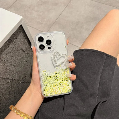 For iPhone 14 Pro Case Quicksand Sequins Love Heart Decor TPU+PC Phone Cover