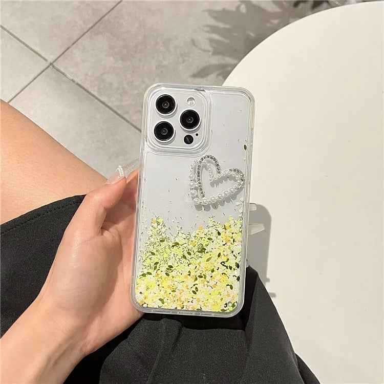 For iPhone 14 Pro Case Quicksand Sequins Love Heart Decor TPU+PC Phone Cover