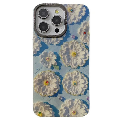 For iPhone 14 Pro Max Cover Rhinestone Flower Pattern Decor Phone Case with Metal Lens Frame