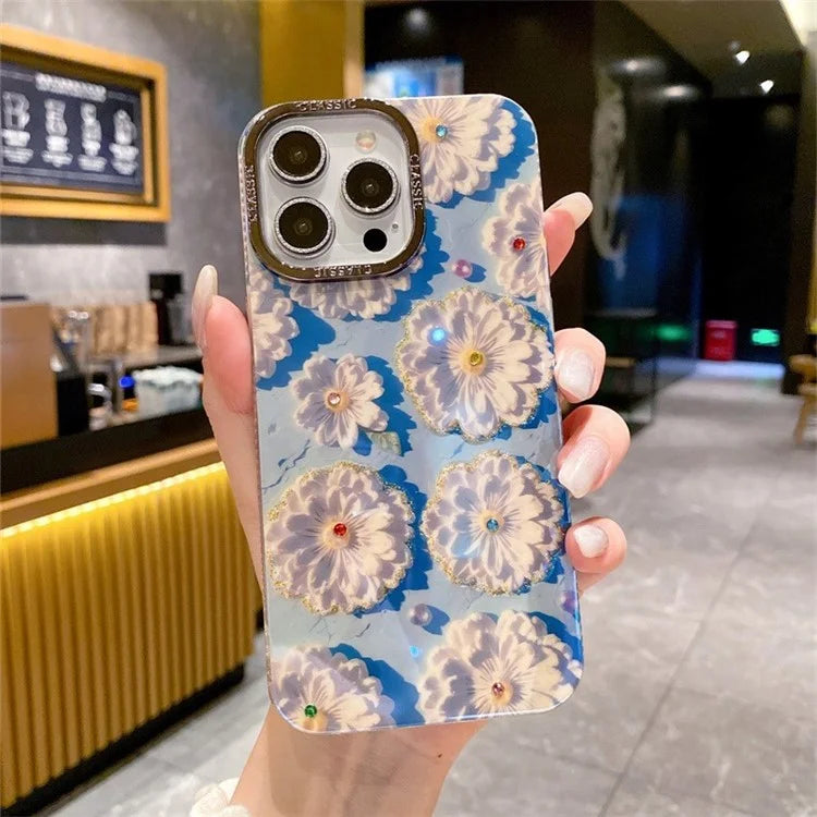 For iPhone 14 Pro Max Cover Rhinestone Flower Pattern Decor Phone Case with Metal Lens Frame