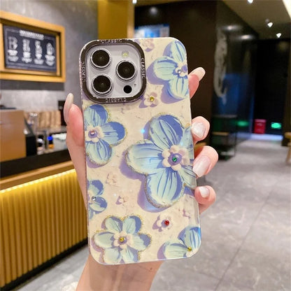 For iPhone 14 Pro Max Cover Rhinestone Flower Pattern Decor Phone Case with Metal Lens Frame