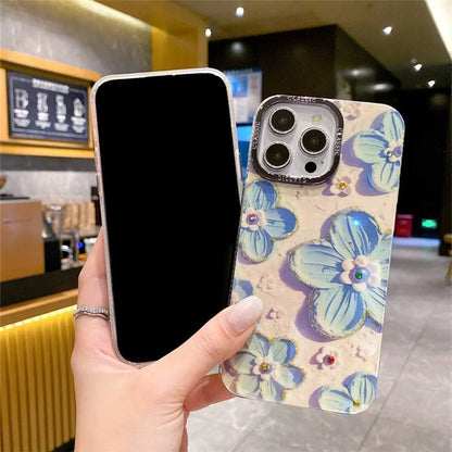 For iPhone 14 Pro Max Cover Rhinestone Flower Pattern Decor Phone Case with Metal Lens Frame