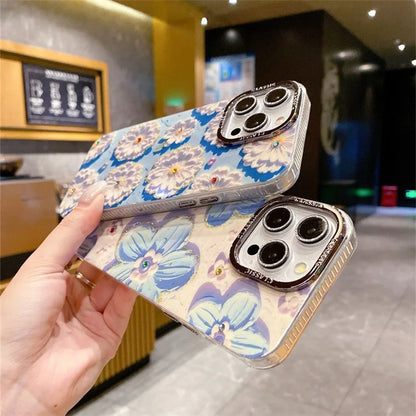 For iPhone 14 Pro Max Cover Rhinestone Flower Pattern Decor Phone Case with Metal Lens Frame