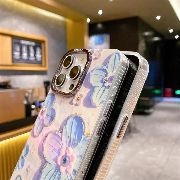 For iPhone 14 Pro Max Cover Rhinestone Flower Pattern Decor Phone Case with Metal Lens Frame