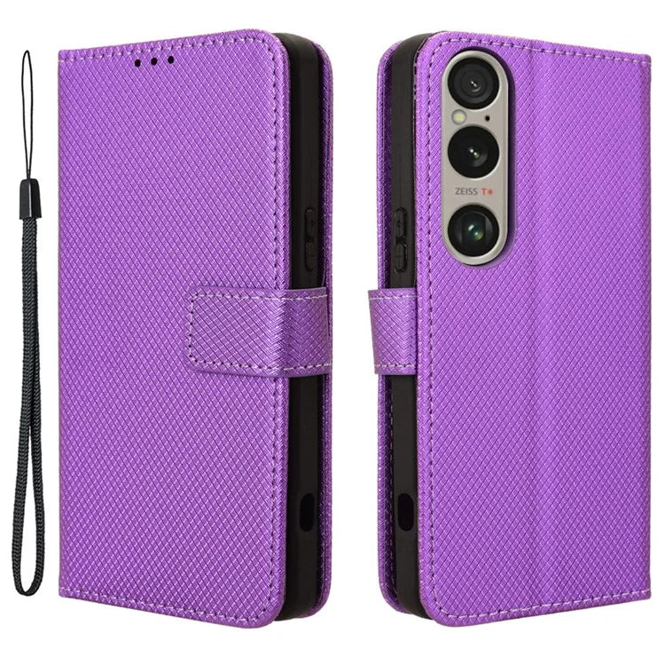 For Sony Xperia 1 VI Leather Wallet Case Diamond Texture Phone Cover with Folding Stand