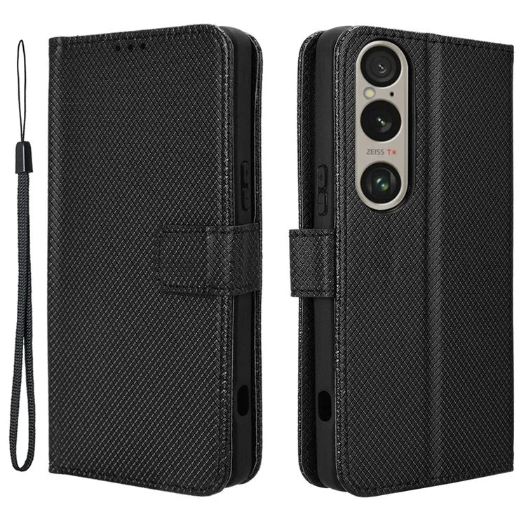 For Sony Xperia 1 VI Leather Wallet Case Diamond Texture Phone Cover with Folding Stand