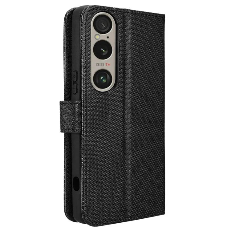 For Sony Xperia 1 VI Leather Wallet Case Diamond Texture Phone Cover with Folding Stand