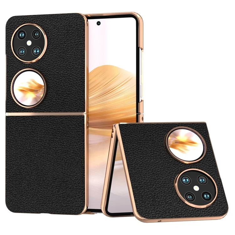 For Huawei Pocket 2 Case Electroplating Frame Genuine Cow Leather + PC Anti-Fall Cover