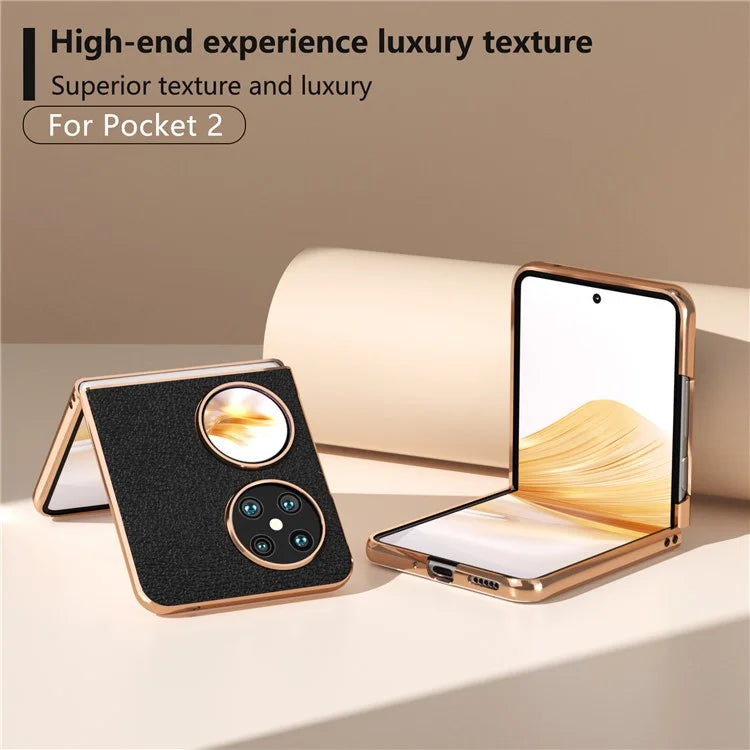 For Huawei Pocket 2 Case Electroplating Frame Genuine Cow Leather + PC Anti-Fall Cover