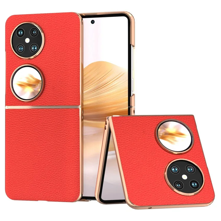 For Huawei Pocket 2 Case Electroplating Frame Genuine Cow Leather + PC Anti-Fall Cover