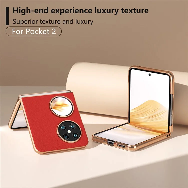 For Huawei Pocket 2 Case Electroplating Frame Genuine Cow Leather + PC Anti-Fall Cover