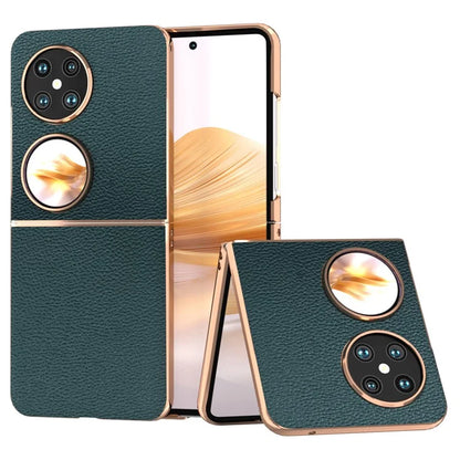 For Huawei Pocket 2 Case Electroplating Frame Genuine Cow Leather + PC Anti-Fall Cover