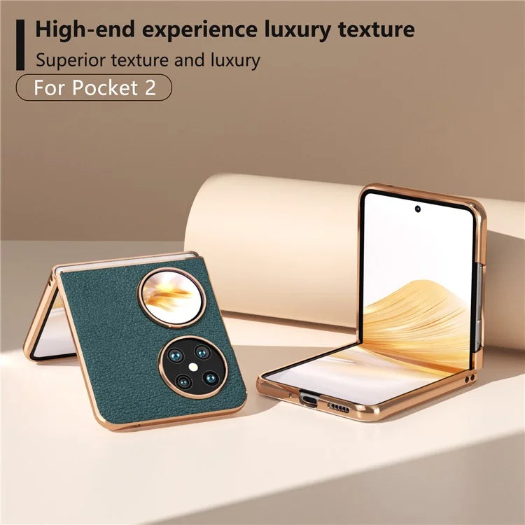 For Huawei Pocket 2 Case Electroplating Frame Genuine Cow Leather + PC Anti-Fall Cover