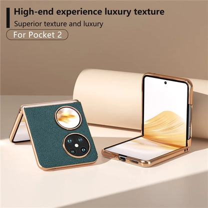 For Huawei Pocket 2 Case Electroplating Frame Genuine Cow Leather + PC Anti-Fall Cover