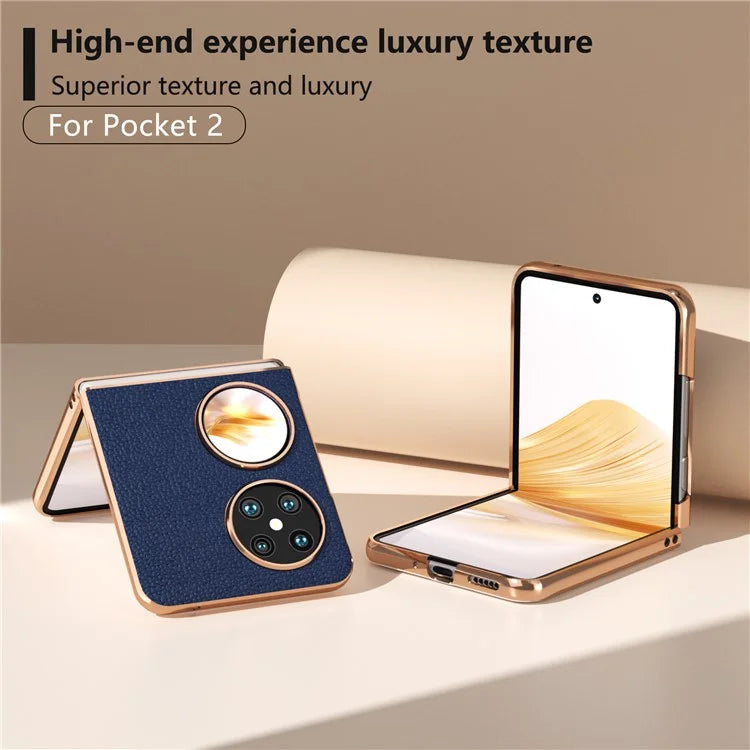 For Huawei Pocket 2 Case Electroplating Frame Genuine Cow Leather + PC Anti-Fall Cover