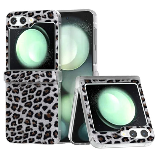 For Samsung Galaxy Z Flip6 5G Case Clear Matte Edge Leopard Print Texture Leather+PC Phone Cover