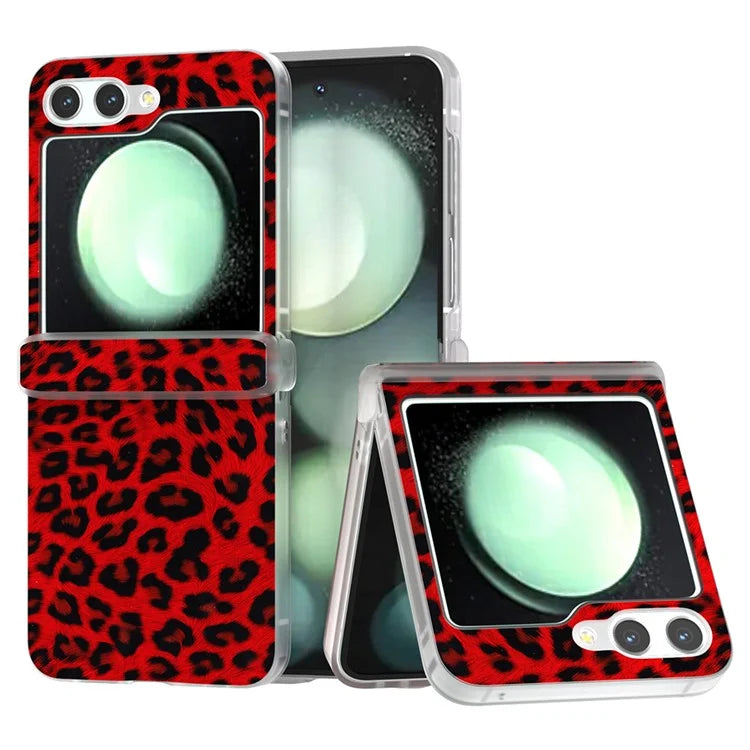 For Samsung Galaxy Z Flip5 5G Back Case Leopard Print Texture Leather+PC Clear Matte Edge Cover