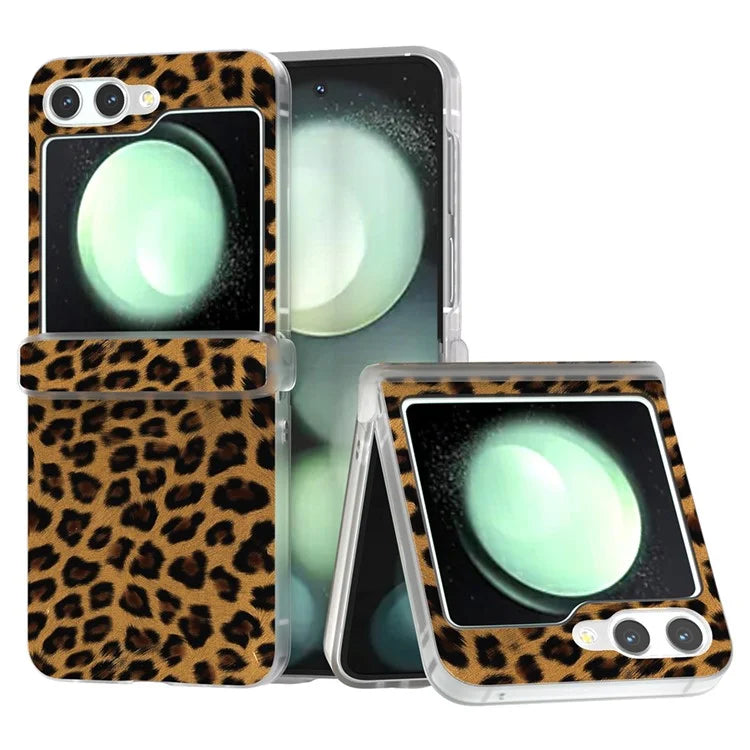 For Samsung Galaxy Z Flip5 5G Back Case Leopard Print Texture Leather+PC Clear Matte Edge Cover