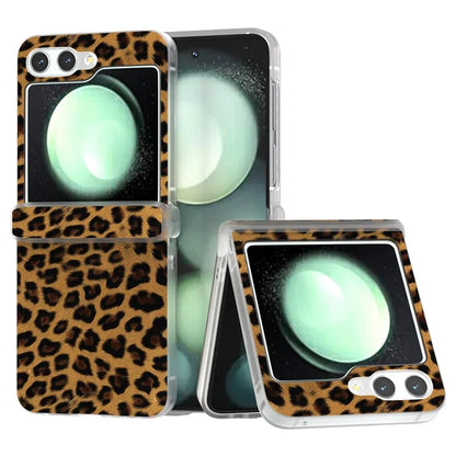 For Samsung Galaxy Z Flip5 5G Back Case Leopard Print Texture Leather+PC Clear Matte Edge Cover