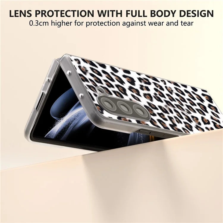 For Samsung Galaxy Z Fold5 5G Case Clear Matte Edge Leopard Print Texture PU+PC Phone Cases