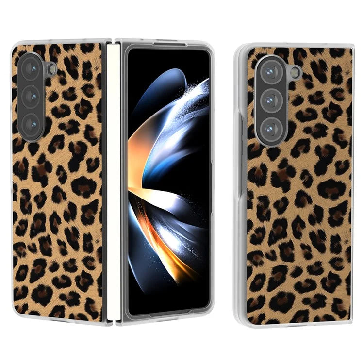 For Samsung Galaxy Z Fold5 5G Case Clear Matte Edge Leopard Print Texture PU+PC Phone Cases