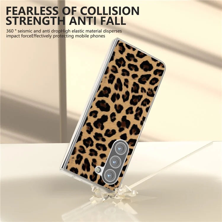For Samsung Galaxy Z Fold5 5G Case Clear Matte Edge Leopard Print Texture PU+PC Phone Cases