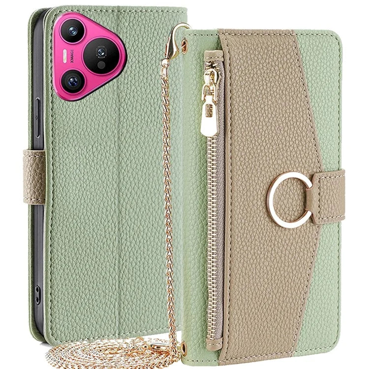 For Huawei Pura 70 Case Zipper Wallet Mirror Function Phone Cover with Shoulder Strap