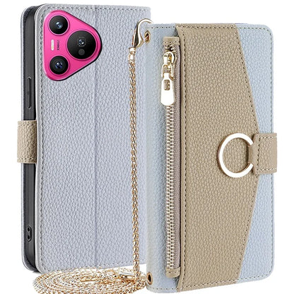 For Huawei Pura 70 Case Zipper Wallet Mirror Function Phone Cover with Shoulder Strap