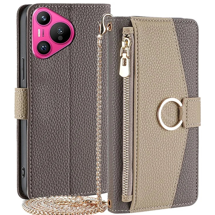 For Huawei Pura 70 Case Zipper Wallet Mirror Function Phone Cover with Shoulder Strap