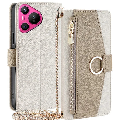 For Huawei Pura 70 Case Zipper Wallet Mirror Function Phone Cover with Shoulder Strap