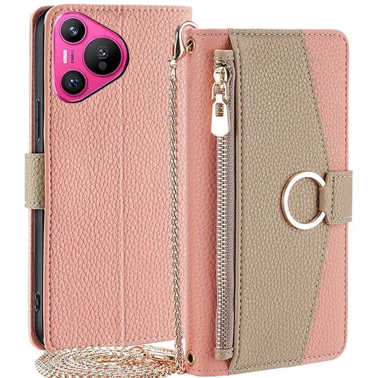 For Huawei Pura 70 Case Zipper Wallet Mirror Function Phone Cover with Shoulder Strap