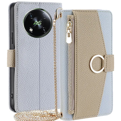 For itel RS4 4G Case Makeup Mirror Stand PU Leather Phone Cover with Shoulder Strap