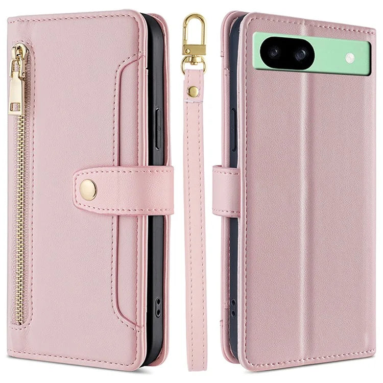 For Google Pixel 8a Phone Case PU Leather Protective Cover with Zipper Wallet