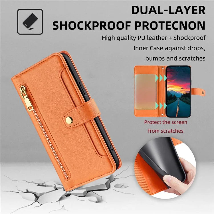 For Xiaomi Redmi Turbo 3 5G / Poco F6 5G Case PU Leather Zipper Flip Phone Cover with 6 Card Slots