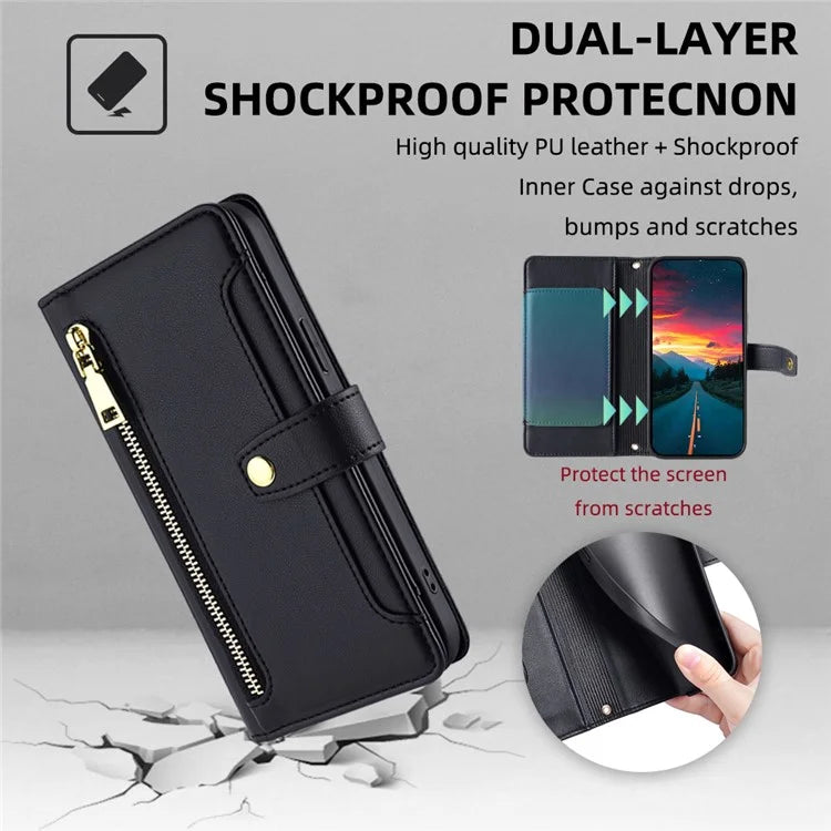 For Xiaomi Redmi Turbo 3 5G / Poco F6 5G Case PU Leather Zipper Flip Phone Cover with 6 Card Slots
