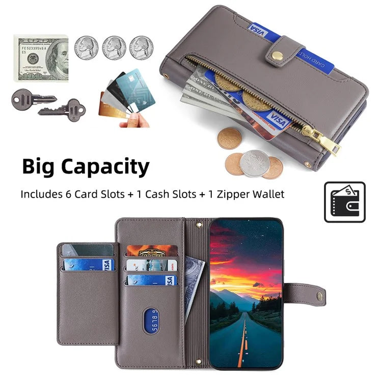 For Xiaomi Redmi Turbo 3 5G / Poco F6 5G Case PU Leather Zipper Flip Phone Cover with 6 Card Slots