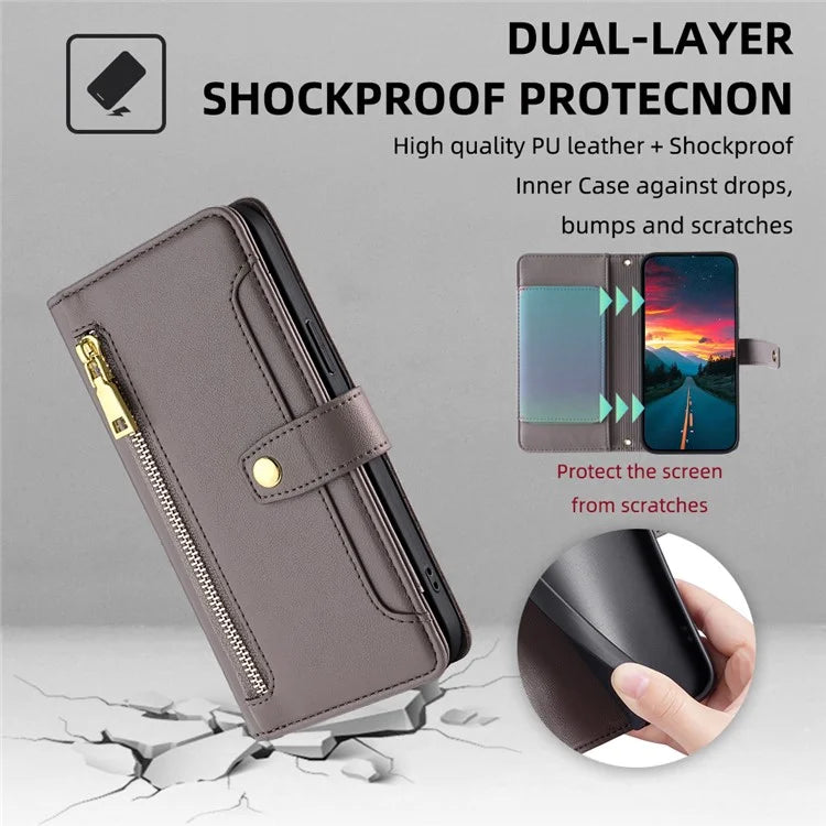 For Xiaomi Redmi Turbo 3 5G / Poco F6 5G Case PU Leather Zipper Flip Phone Cover with 6 Card Slots