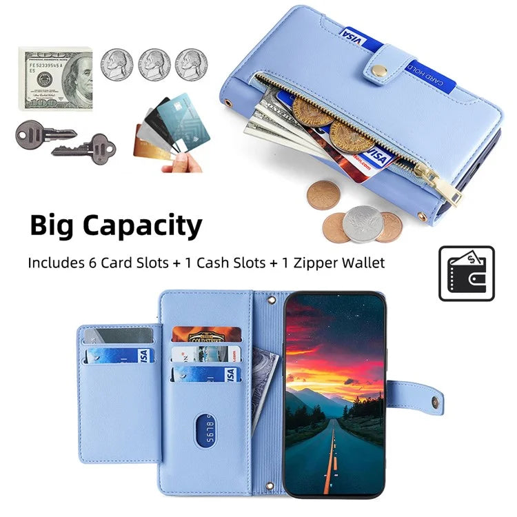 For Xiaomi Redmi Turbo 3 5G / Poco F6 5G Case PU Leather Zipper Flip Phone Cover with 6 Card Slots