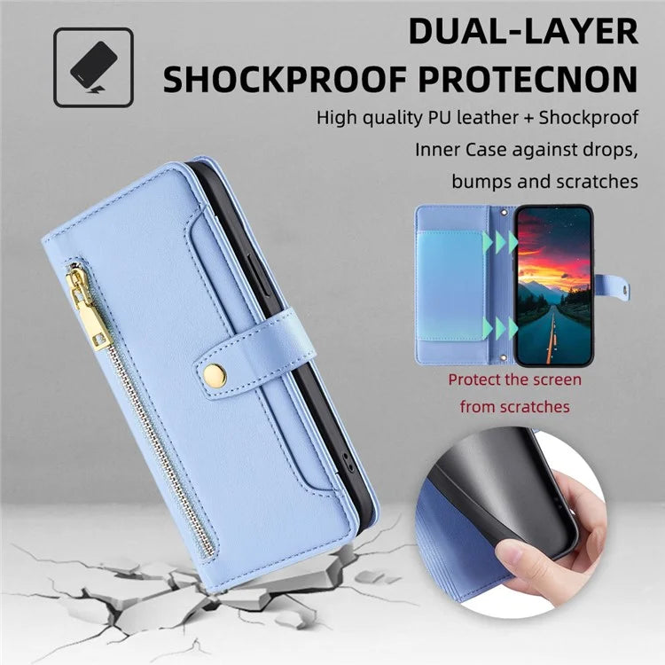For Xiaomi Redmi Turbo 3 5G / Poco F6 5G Case PU Leather Zipper Flip Phone Cover with 6 Card Slots