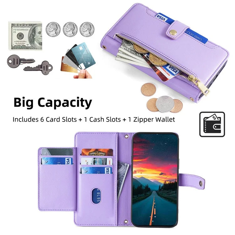 For Xiaomi Redmi Turbo 3 5G / Poco F6 5G Case PU Leather Zipper Flip Phone Cover with 6 Card Slots