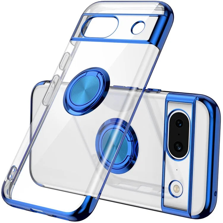 For Google Pixel 8a Case Electroplating TPU Clear Back Phone Cover with Rotary Ring Kickstand