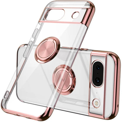 For Google Pixel 8a Case Electroplating TPU Clear Back Phone Cover with Rotary Ring Kickstand