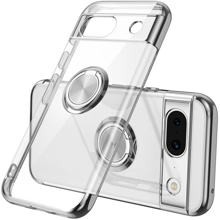 For Google Pixel 8a Case Electroplating TPU Clear Back Phone Cover with Rotary Ring Kickstand