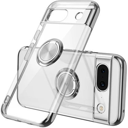 For Google Pixel 8a Case Electroplating TPU Clear Back Phone Cover with Rotary Ring Kickstand