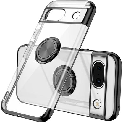 For Google Pixel 8a Case Electroplating TPU Clear Back Phone Cover with Rotary Ring Kickstand