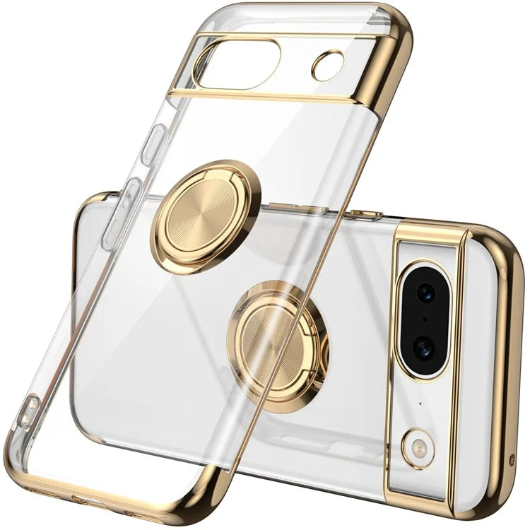 For Google Pixel 8a Case Electroplating TPU Clear Back Phone Cover with Rotary Ring Kickstand