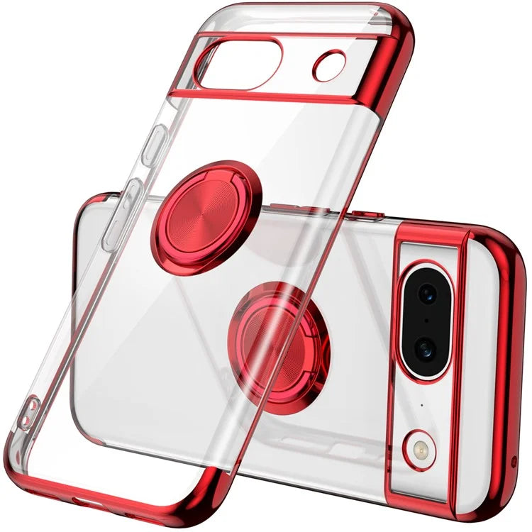For Google Pixel 8a Case Electroplating TPU Clear Back Phone Cover with Rotary Ring Kickstand